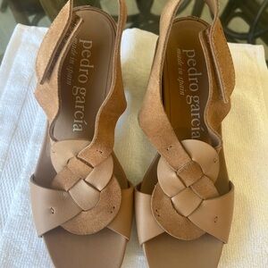 Pedro Garcia Tan Woven Leather & Suede Slingback Sandals